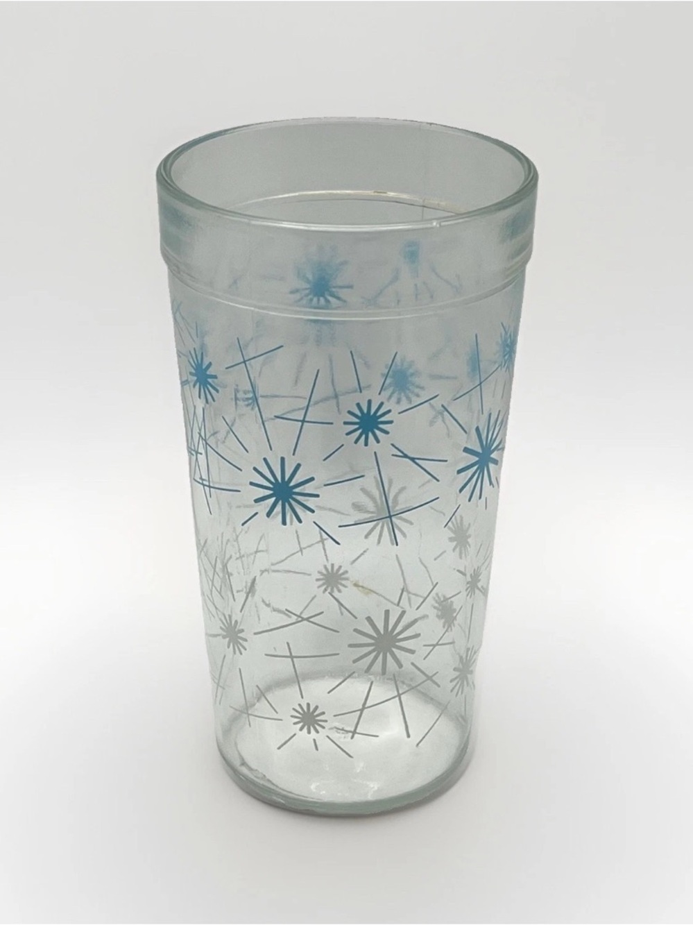 Vintage Libbey Atomic Starburst Clear Glass Tall 5.5" Aqua & White EUC